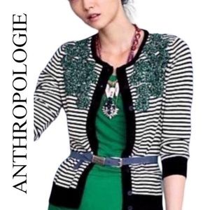 Anthropologie Tabitha Black White Striped Cardigan Sweater With Crochet Flowers